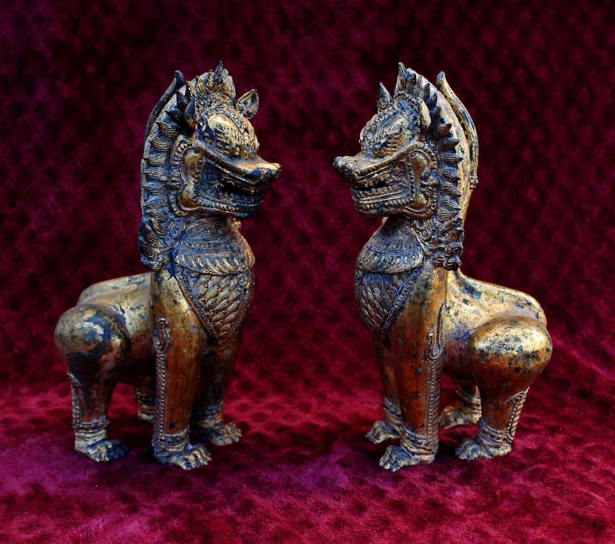 Pair Of Antique Thai Gilt Bronze Lions  Buddhist Temple Guardians -photo-3