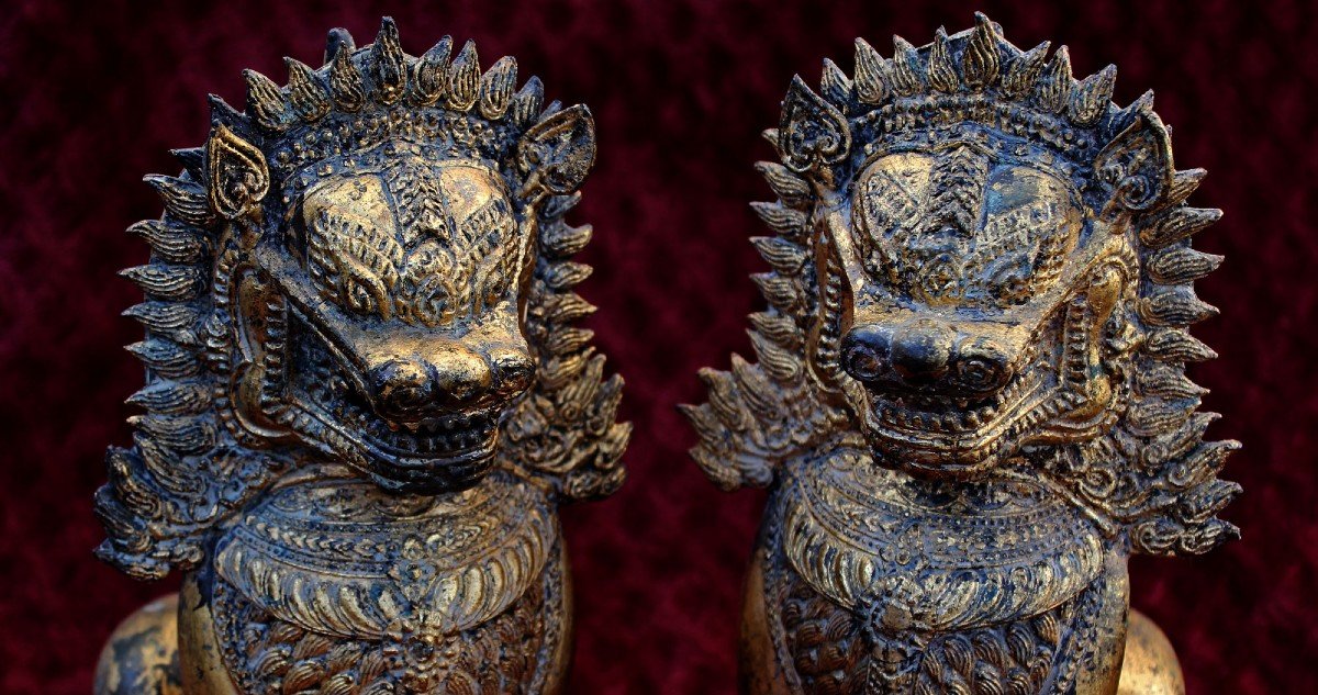 Pair Of Antique Thai Gilt Bronze Lions  Buddhist Temple Guardians -photo-2