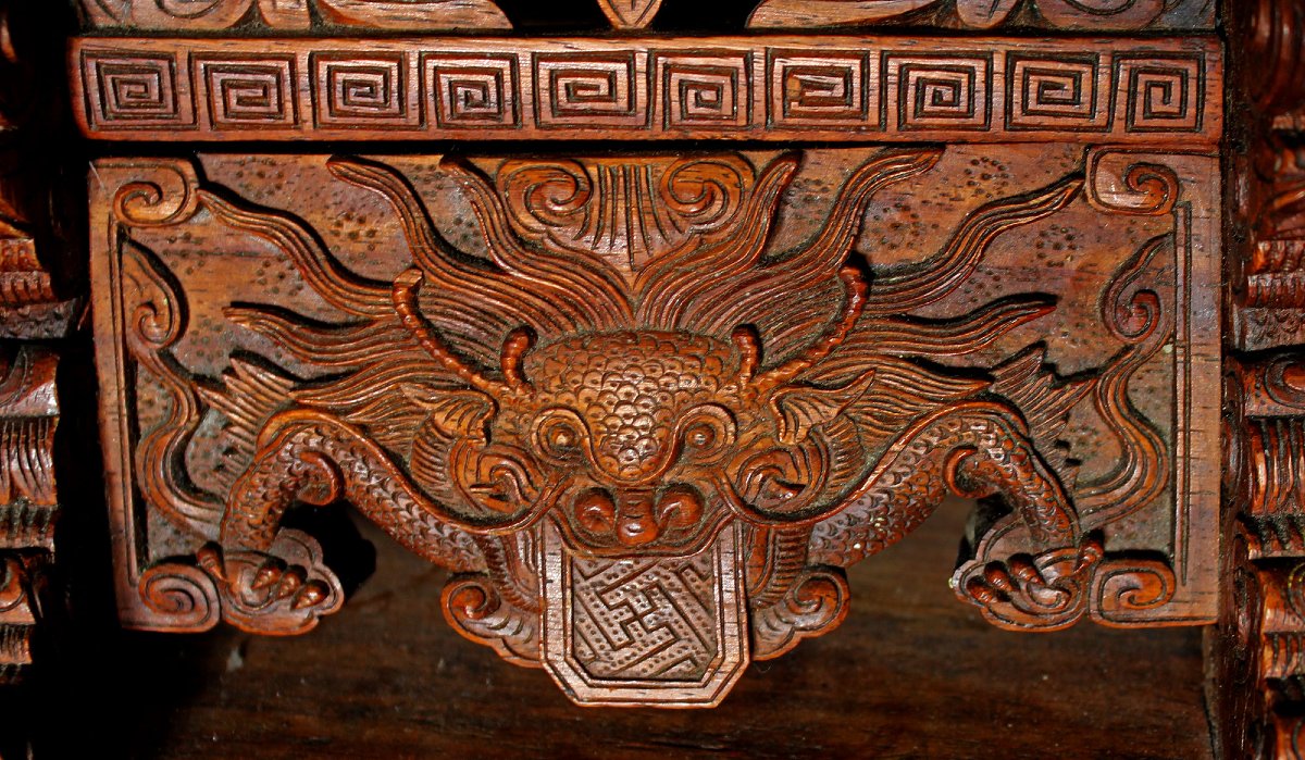 Support De Pinceaux De Calligraphie / Peinture Chinois Antique Sculpté En Bois De Santal Dragon-photo-3