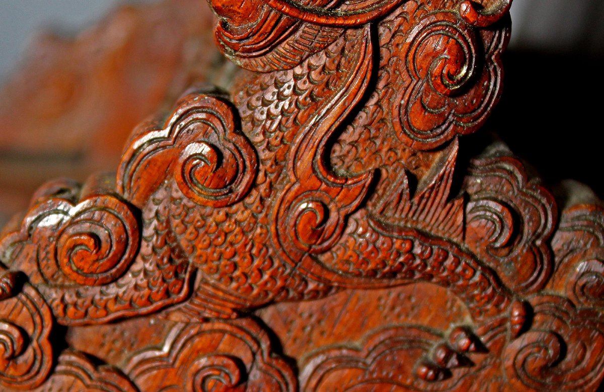 Support De Pinceaux De Calligraphie / Peinture Chinois Antique Sculpté En Bois De Santal Dragon-photo-4