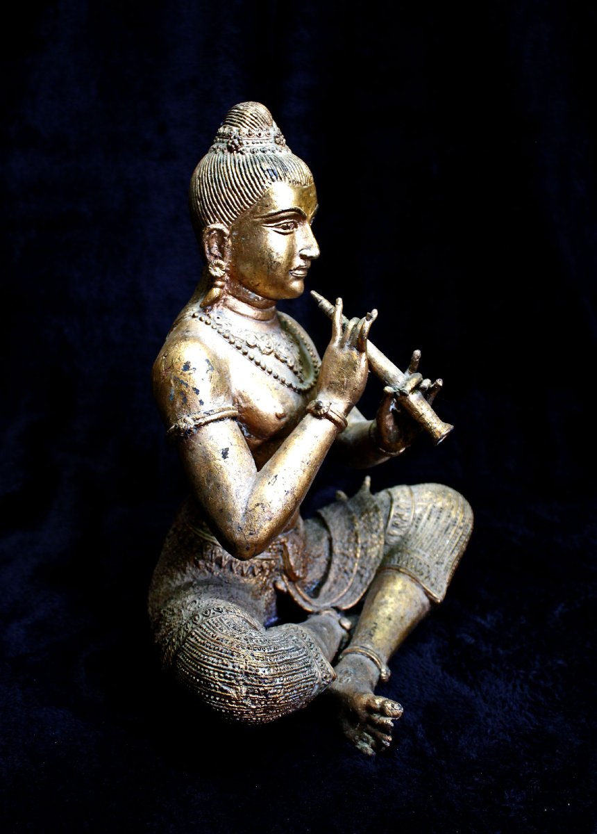 Antique Thai Gilt Bronze Rattanakosin Phra Aphai Mani Flute Player  -photo-3