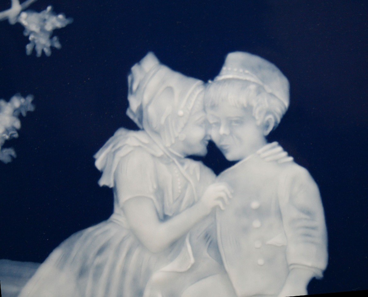 Large Antique Limoges Pate Sur Pate Porcelain Panel Dutch Sweethearts-photo-2