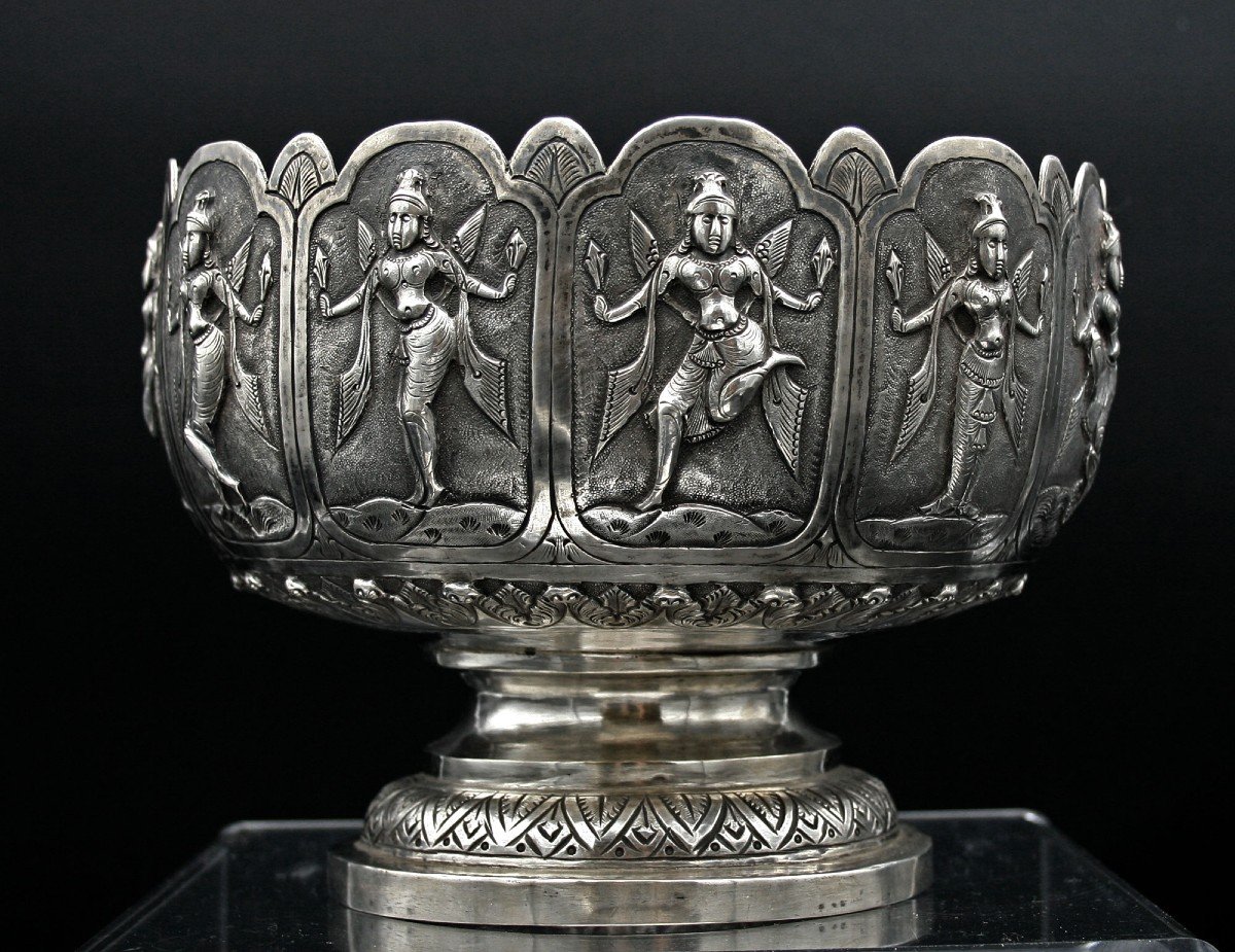 Large Antique Indian Silver Bowl  - Matsya Fish Avatar Of The Hindu God Vishnu.-photo-2