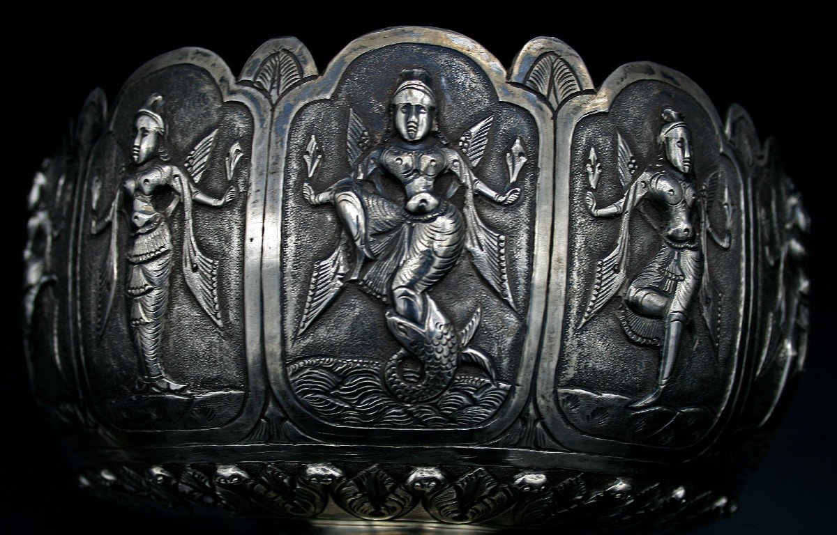 Large Antique Indian Silver Bowl  - Matsya Fish Avatar Of The Hindu God Vishnu.-photo-6