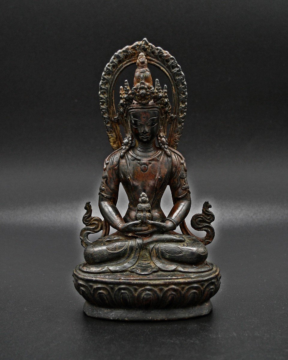 Bronze Antique Sino-tibétain Amitayus, Bouddha De Longue Vie, Vase Amrita Tibet Chinois