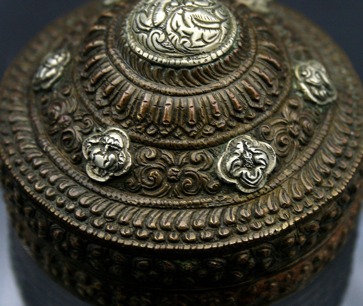 Proantic: Bhutanese Lime Container (timi) Copper & Silver Overlay Bete