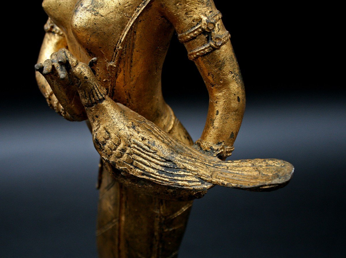 Antique Thai Gilt Bronze Rattanakosin Goddess Holding Pheasant-photo-4