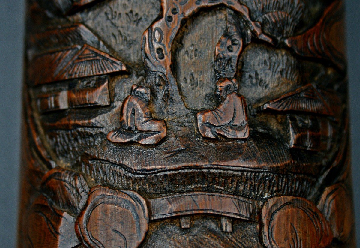 Ancien Pot à Pinceaux savants Chinois Bambou Sculpté Chine-photo-1