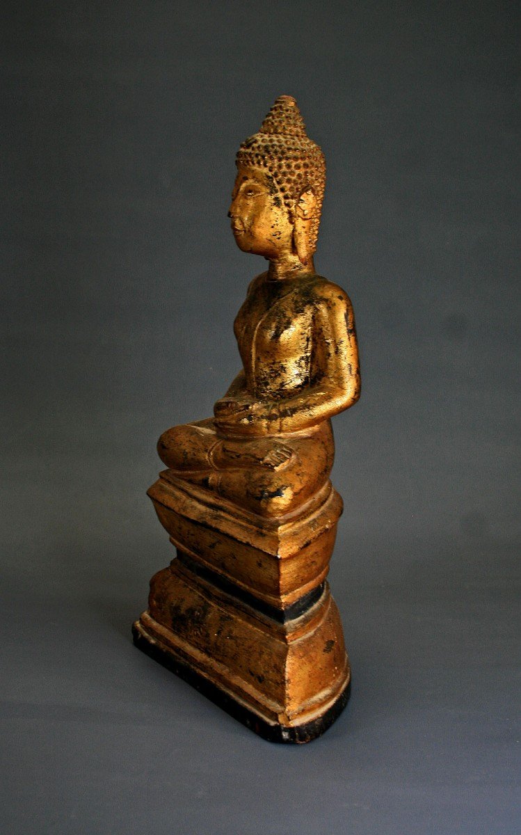 Antique Thai Or Laos Buddha Carved Lacquered & Gilded Wood - Winking !-photo-2