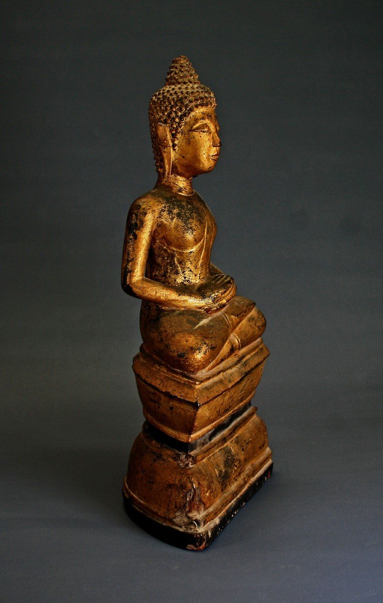 Antique Thai Or Laos Buddha Carved Lacquered & Gilded Wood - Winking !-photo-4