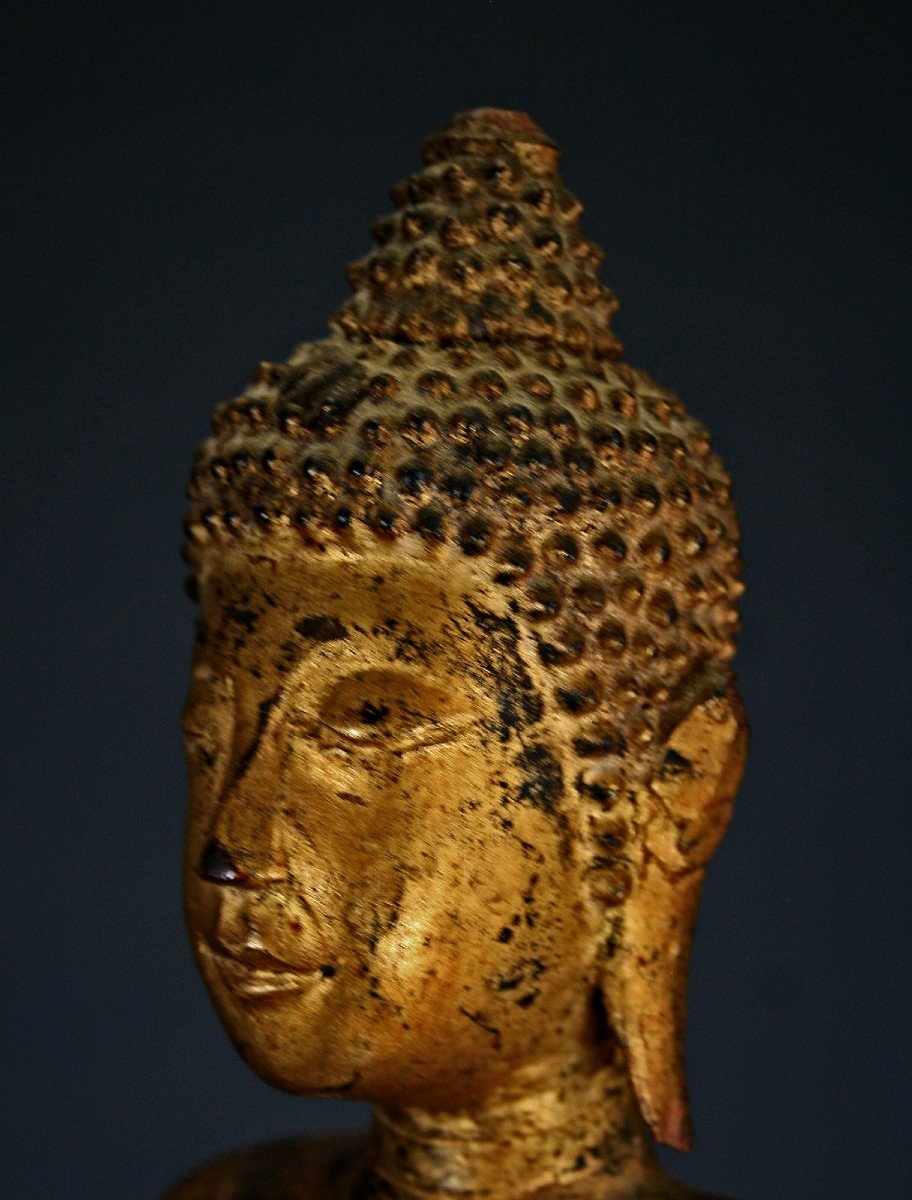 Antique Thai Or Laos Buddha Carved Lacquered & Gilded Wood - Winking !-photo-2