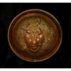 Large Antique Italian Copper Wine Cistern Lid Medusa Mask