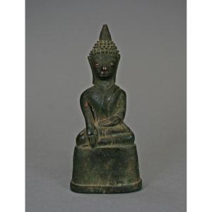 Ancien Bronze Bouddha Shakyamuni Laos C17e Bouddhiste Sculpture Bhumisparsha Mudra