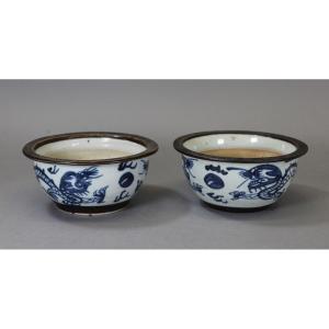 Porcelaine Chinoise Ancienne Paire De Bols Dragon Bleu Blanc Signé 19e Siècle
