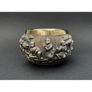 Antique Burmese  Silver Bowl Scenes From The Ramayana - Yama Zatdaw