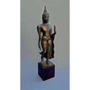 Antique Thai Gilt Bronze Walking Buddha Style Sukhothai Reassurance Gesture Abhaya Mudra 