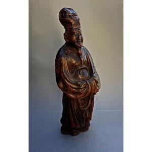 Figure Chinoise En Bois Sculpté Empereur époque Ming