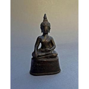 Ancien Bronze Bouddha Shakyamuni Laos / Thaï Bouddhiste Sculpture Bhumisparsha Mudra 16éme