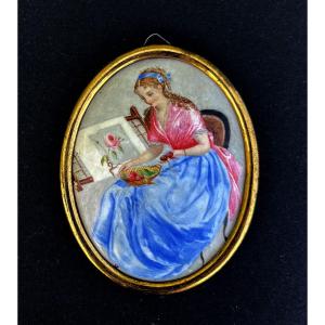 Miniature Peinture Sur émail Portrait De Belle Demoiselle.