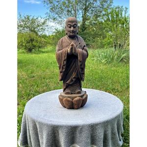 Grand Arhat Chinois En Bois Peint Sculpté Ou Luohan Disciple De Bouddha