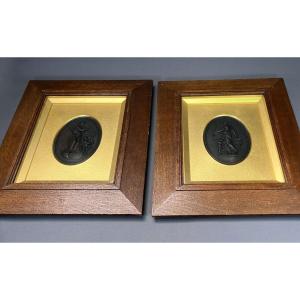 A Pair Of Wedgwood 'night' And 'day' Black Basalt Oval Plaques Neo Classical 