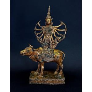 Grand Ancien Rattanakosin Thaïlandais Bronze Doré Shiva Sur Nandi