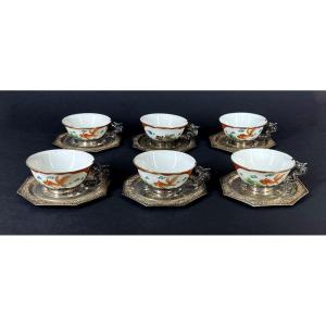 Service à Thé Antique En Porcelaine Chinoise Pour Le Vietnam Montures En Argent Bleu De Hué