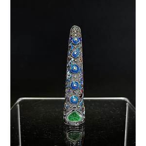 Chinese Nail Guard Brooch - Silver, Jade & Enamel, 8 Buddhist Treasures Ashtamangala