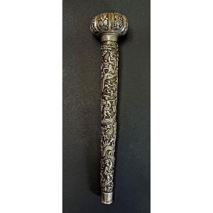 Large Antique Silver Walking Stick Cane Handle Chinese Vietnam