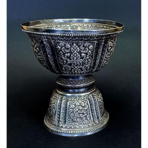 Antique  Silver Laos Buddhist Temple Altar Offering Bowl