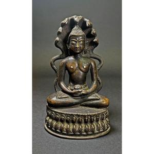 Sino-tibetan Silver Inlaid Bronze Medicine Buddha Dhyanasana Mudra Naga Tibet China