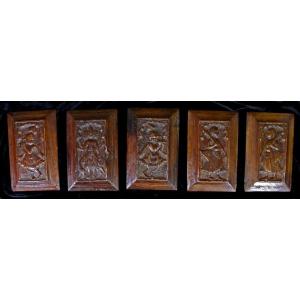 5 Panneaux Indiens En Bois Sculpté Dieu Et Déesse Temple Hindou 17ème Siècle