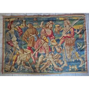Vintage Copy Of  Flemish Tapestry Tournai Workshops 15th Rural Scene Folk At Work