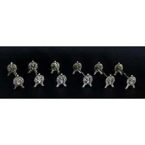 Set Of Six Chopstick Rests Dragon Mask Solid Silver Vietnamese Indochina Nguyen C19th