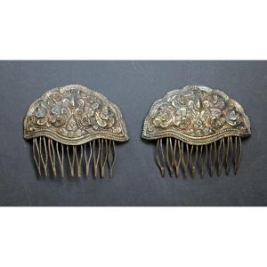 Pair Antique Hair Combs Solid Silver Thailand Thai