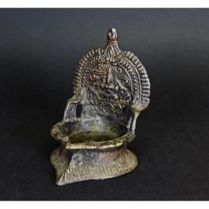 Antique Bronze Oil Lamp Hindu Temple Goddess Gaja Lakshmi. India, 19th Century