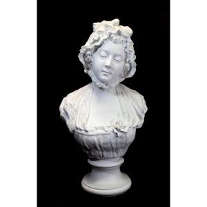 After Greuze, Biscuit Antique French Porcelain Bust Of A Young Girl, Signed Paul-louis Houry