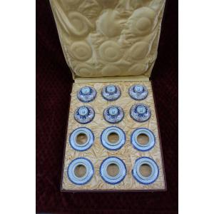 Set Of 6 Chinese Porcelain Rice Bowls And Stands - Kangxi Mark Fitted Case 