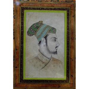 Indian Mughal Style Miniature Portrait Of Shah Jehan Signed