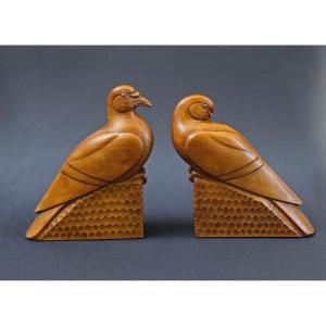 French Art Deco Sculpture Carved Wood Pair Of Pigeons Signed G.rouxel