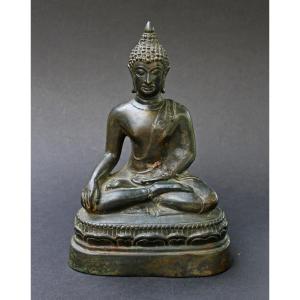 Ancienne  Sculpture Thaïlandais Bronze Shakyamuni Bouddha Bhumisparsha Mudra Touchant La Terre