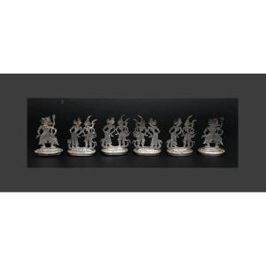 Lot De Six Porte-menus Antiques En Argent Indonésien, Marionnette à Ombres Java