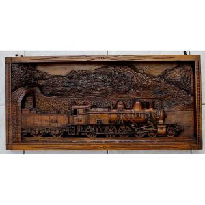 Vintage 3d Wood Carved Panel Steam Train  Locomotive P.l.m. Nimes Railway Dated 1933