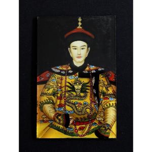 Peinture Chinoise Antique En Verre Inversé, Portrait Miniature De l'Empereur Guangxu