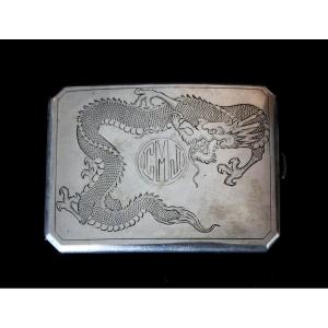 Porte-cartes De Visite Chinois Ancien En Argent Massif Shanghai Dragon 1927-30