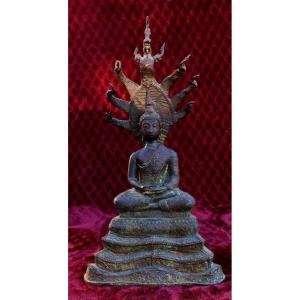 Large Meditation Buddha Under The Naga  Bronze Thailand Rattanakosin Thai