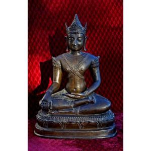 Tres Grand Bouddha Thaïlandais De Style Ayutthaya, Bouddha Couronné En Bronze Thaïlande 51 cm