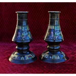 Pair Of Antique Japanese Egyptian Style Champlevé Enameled Bronze Vases