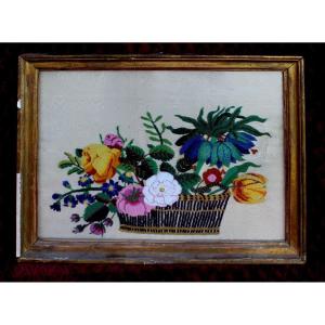 Beaded Beadwork Tapestry Still Life Basket Of Flowers 19th Century