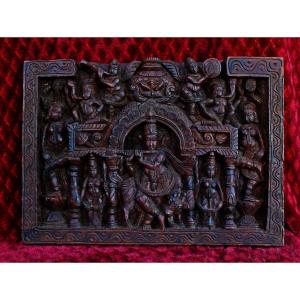 Antique Indian Krishna Carved Wooden Hindu Temple Panel